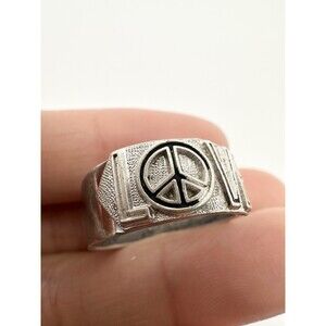 Vintage Sterling Silver Love Peace Sign Wide Band Ring Size 8